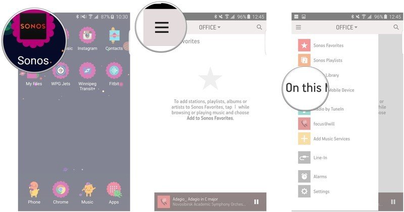 Launch the Sonos app, tap the menu button, tap On this Mobile Device