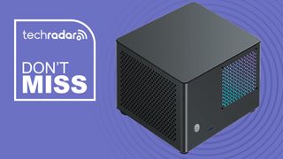 The Rmatamini P99S mini PC against a purple background next to a white TechRadar badge in the upper left corner that reads 'Don't Miss'