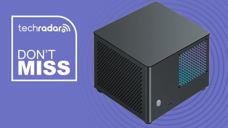 The Rmatamini P99S mini PC against a purple background next to a white TechRadar badge in the upper left corner that reads 'Don't Miss'