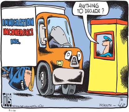 Political cartoon U.S. 2016 election Republican party immigration
