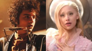 A Complete Unknown poster with Timothee Chalamet as Bob Dylan with harmonica and Ariana Grande singing in pink dress in Wicked 