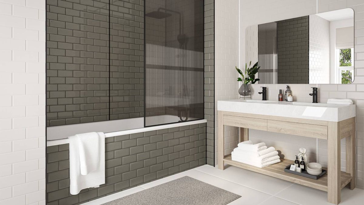 grey bathroom with double sink vanity unit and black taps