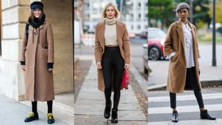 street style influencers wearing camel coat outfits with leggings