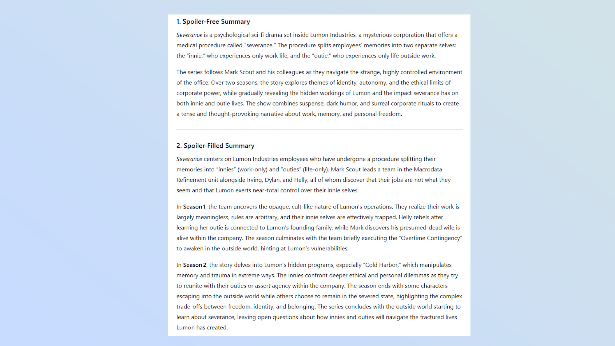 A summary of 'Severance' as written by ChatGPT.