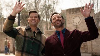 From left to right: Andrew Rannells waving with his left hand and Nick Kroll waving with his right hand in I Don't Understand You.