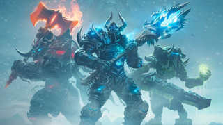 Keyart of Death Knights, wielding magical weapons in the tundra, from World of Warcraft: Wrath of Lich King.