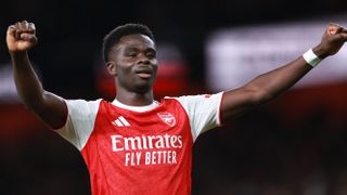 Bukayo Saka of Arsenal celebrates scoring their second goal during the Premier League match between Arsenal and Brentford.