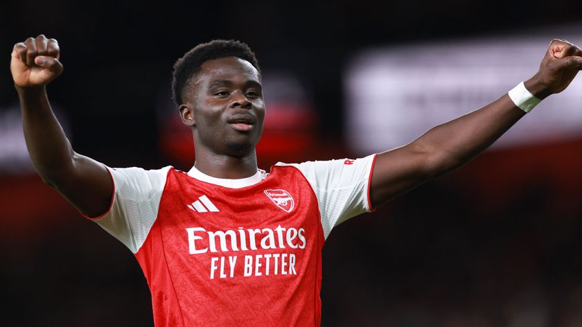 Bukayo Saka of Arsenal celebrates scoring their second goal during the Premier League match between Arsenal and Brentford. 