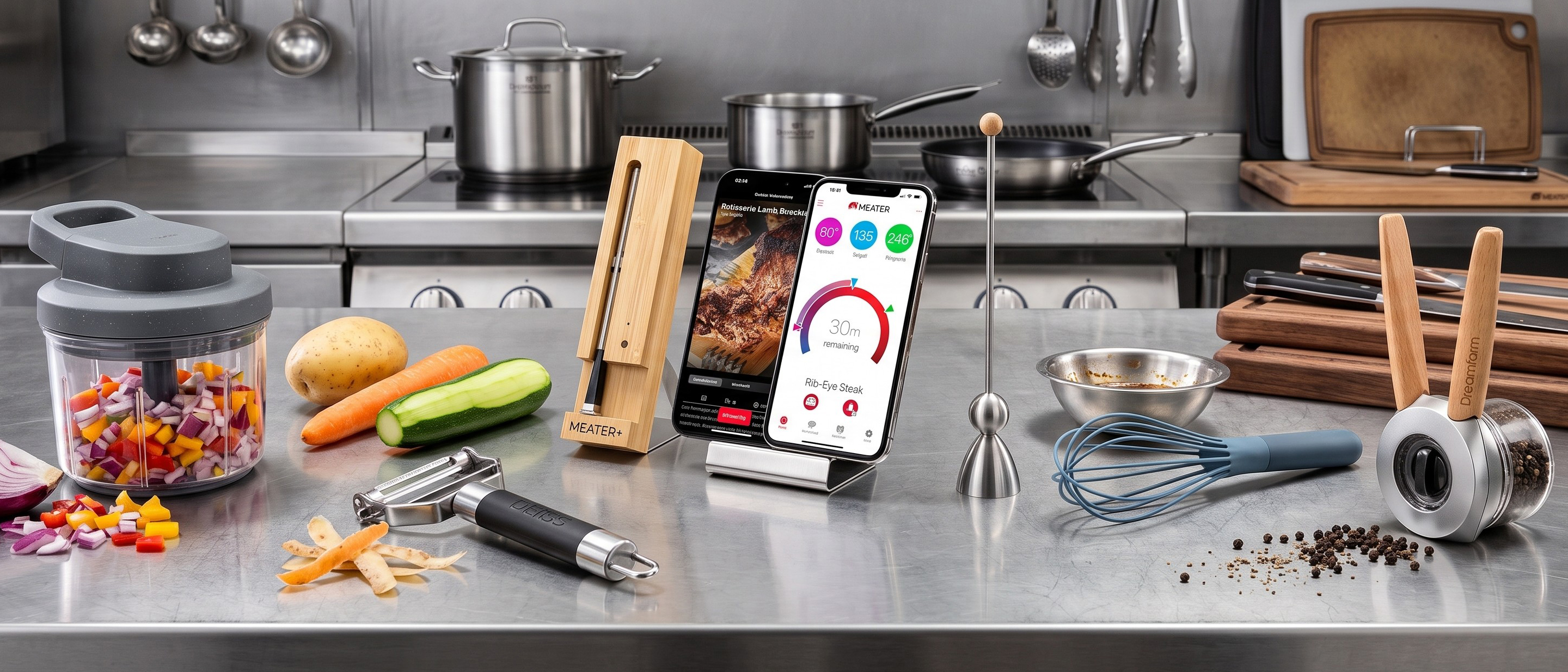 Selection of chef gadgets in a commercial kitchen