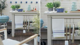 outdoor kitchen area with a kitchen island unit next to a blue bbq