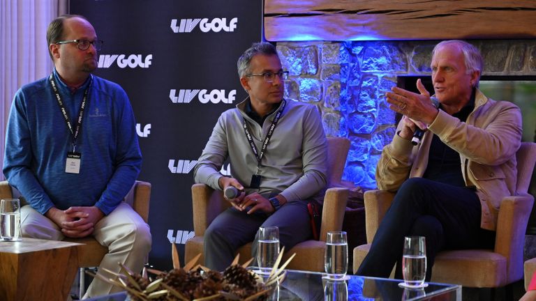Ron Cross, Atul Khosla and Greg Norman of LIV Golf at a press conference in London