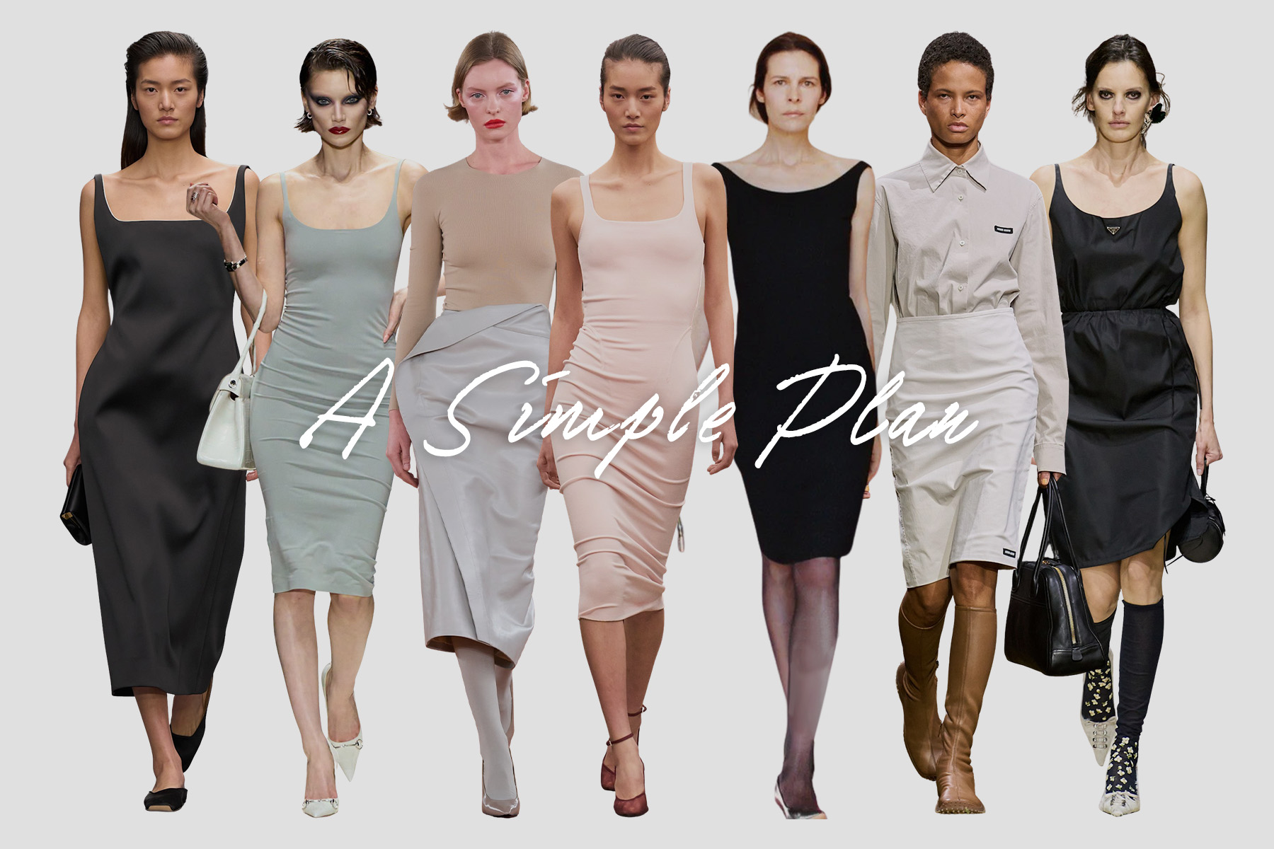 A collage spotlighting the fall/winter 2026 runway trend A Simple Plan, featuring images from Calvin Klein, Alaia, Gucci, Jil Sander, Miu Miu, Prada, and The Row.