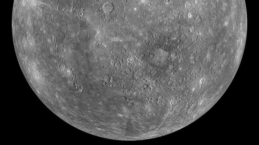 Half circle of a cratered, gray world.