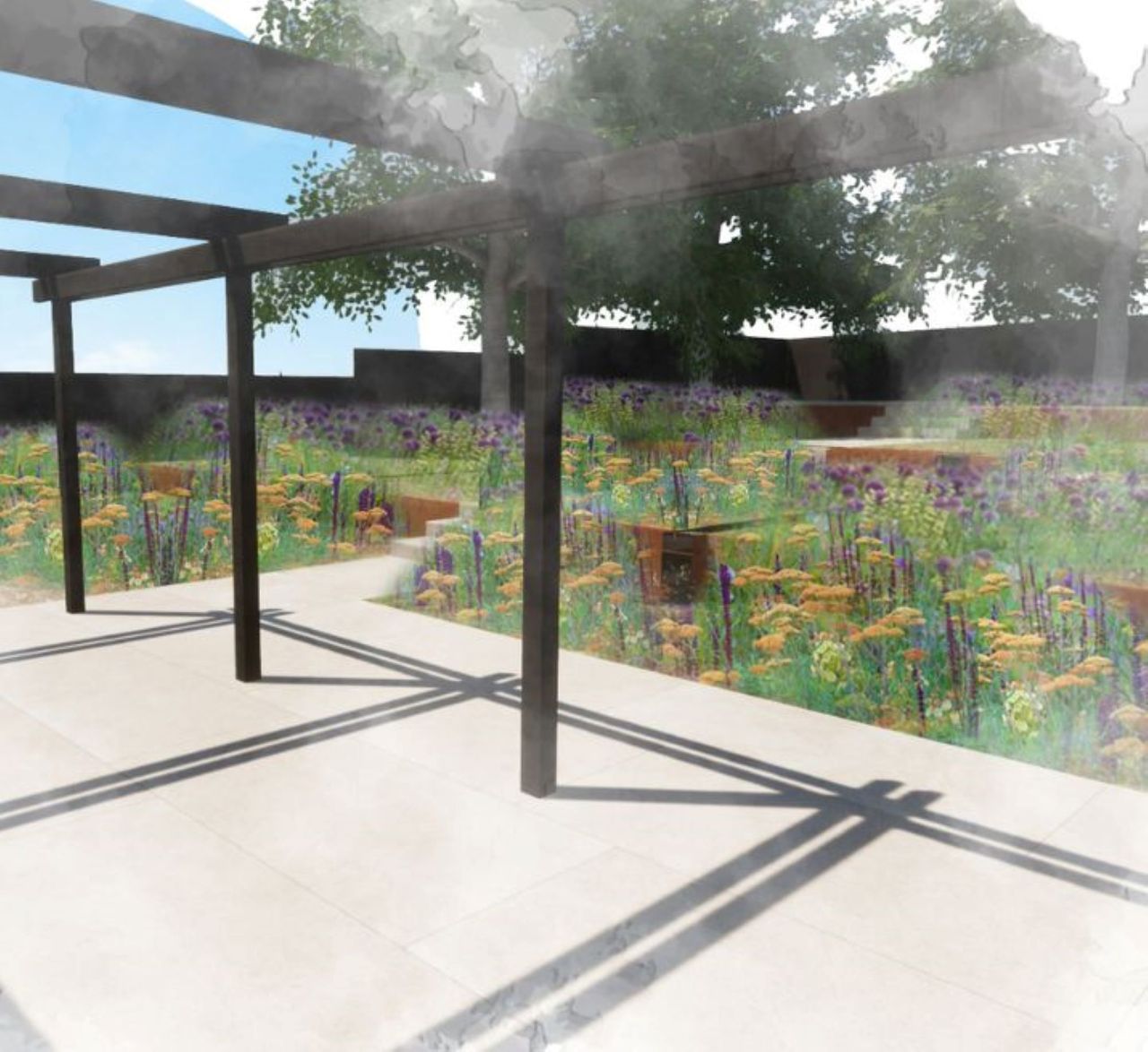 An artists view of what the garden will look like which shows a pergola and wildflowers and walkways