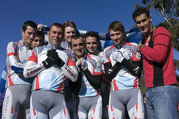 The team from New Caledonia with former French world track sprint star Laurent Gane (far right) as their team manager are feeling the cold in Victoria's winter.