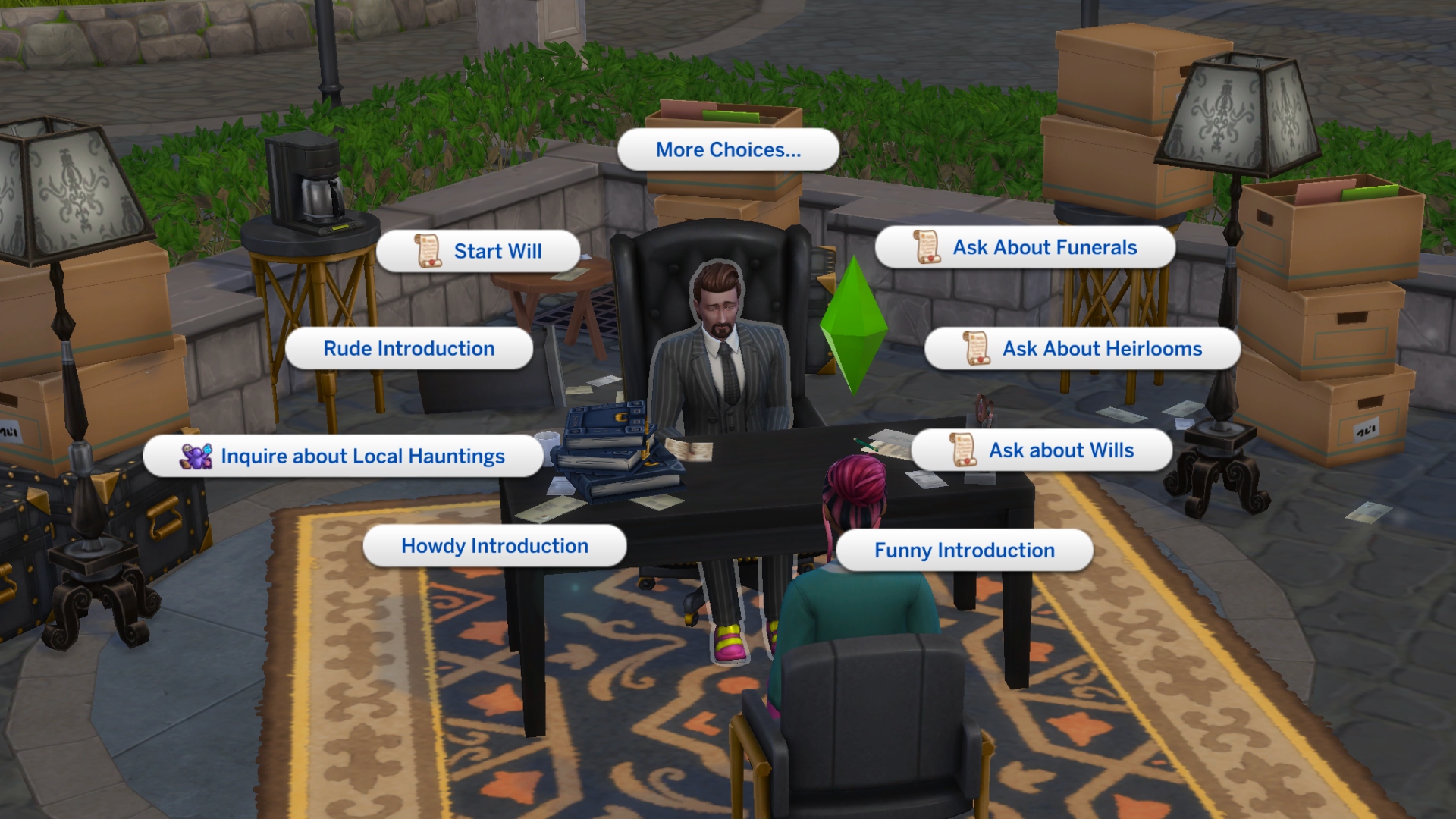 Menu interakcji z prawnikiem specjalizującym się w sprawach spadkowych w The Sims 4