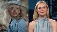 From L to R: Sabrina Carpenter in the Tears music video, Elle Fanning on Jimmy Kimmel Live!