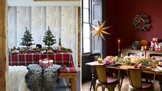 Rustic red dining rooms with bench seating and dining room chairs to show how to style a dining room for Christmas with extra furniture