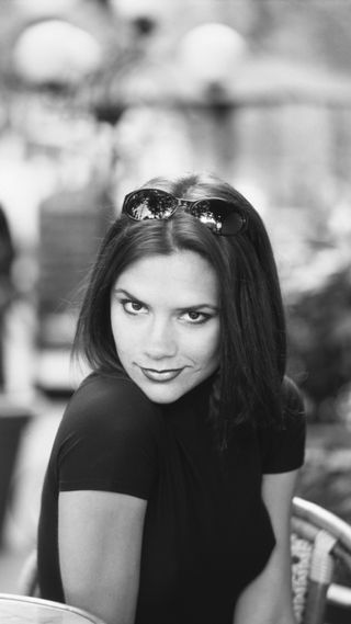Black and white photograph of Victoria Beckham