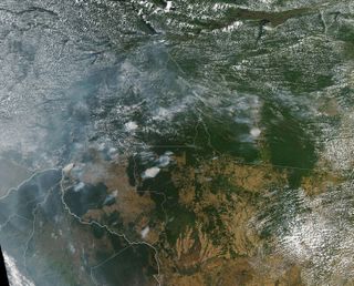 This satellite photo of South America shows the smoke above the fires in the Amazon rainforest on Aug. 11, 2019. The image was taken the Moderate Resolution Imaging Spectroradiometer (MODIS) on NASA’s Aqua satellite.