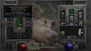 Diablo 2 Resurrected inventory with Ethereal equipment that can be socketed with runeword