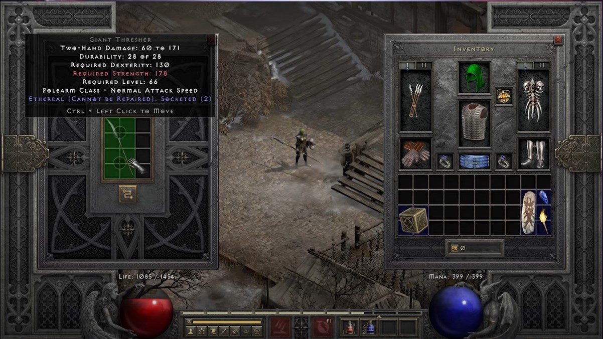 Diablo 2 Resurrected inventory with Ethereal equipment that can be socketed with runeword