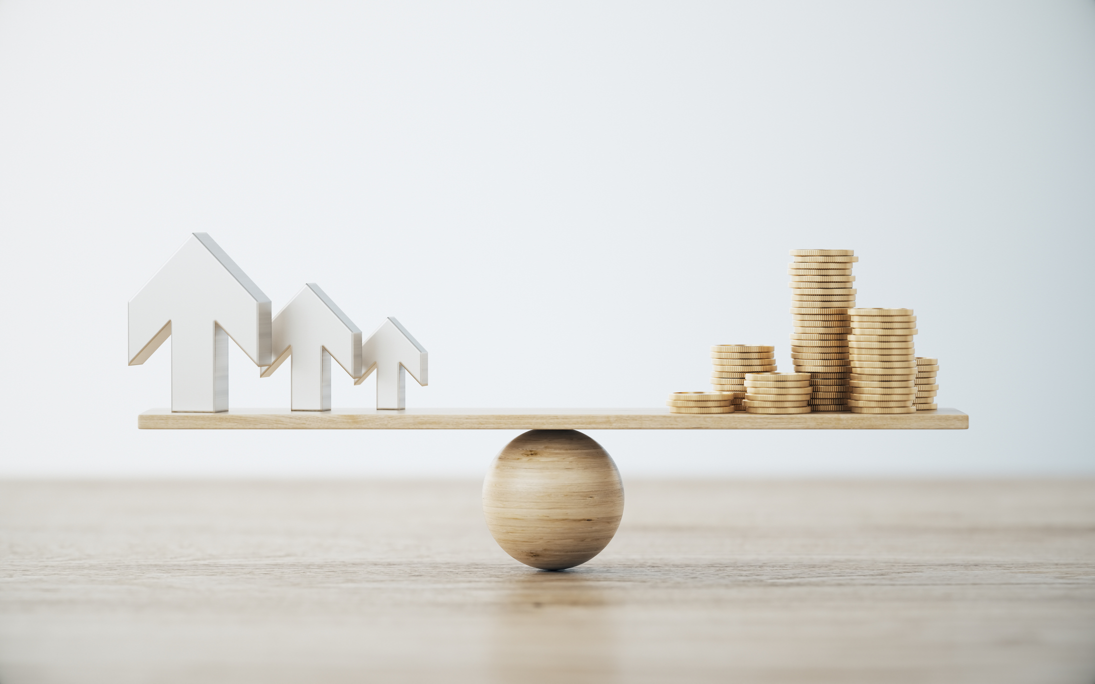 Metallic Arrows and Gold Coin Stack On Wooden Seesaw symbolising value investing versus momentum investing