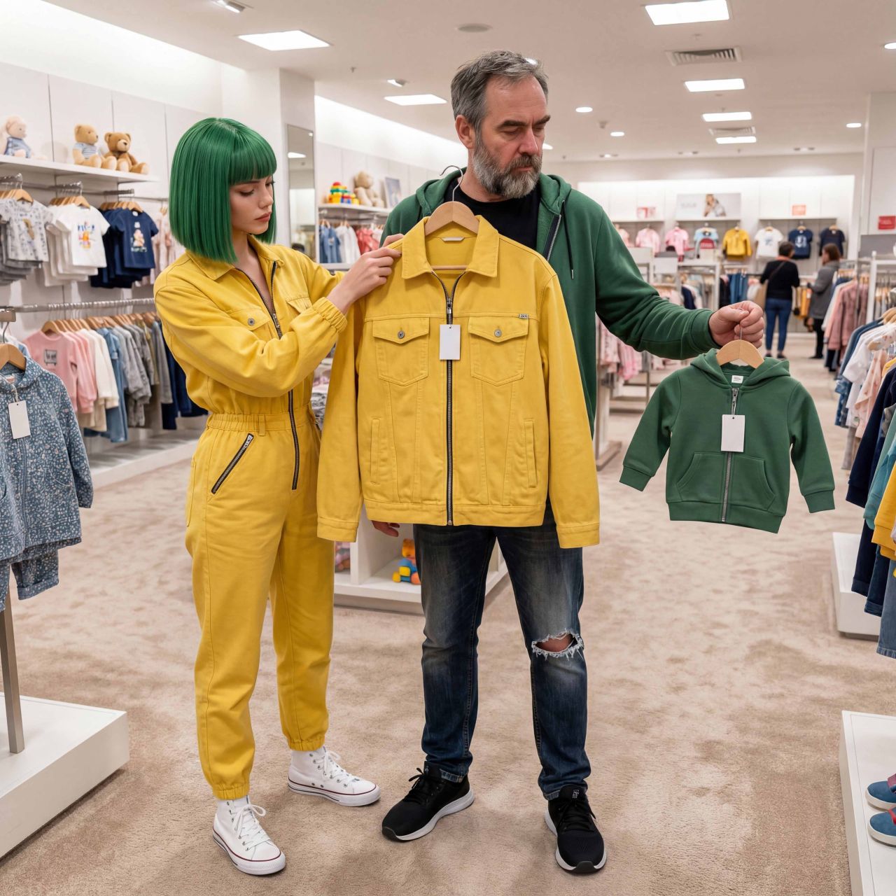 AI-generated image of a green-haired woman in a yellow jumpsuit and a bearded man holding up matching yellow and green children's jackets in a clothing shop.