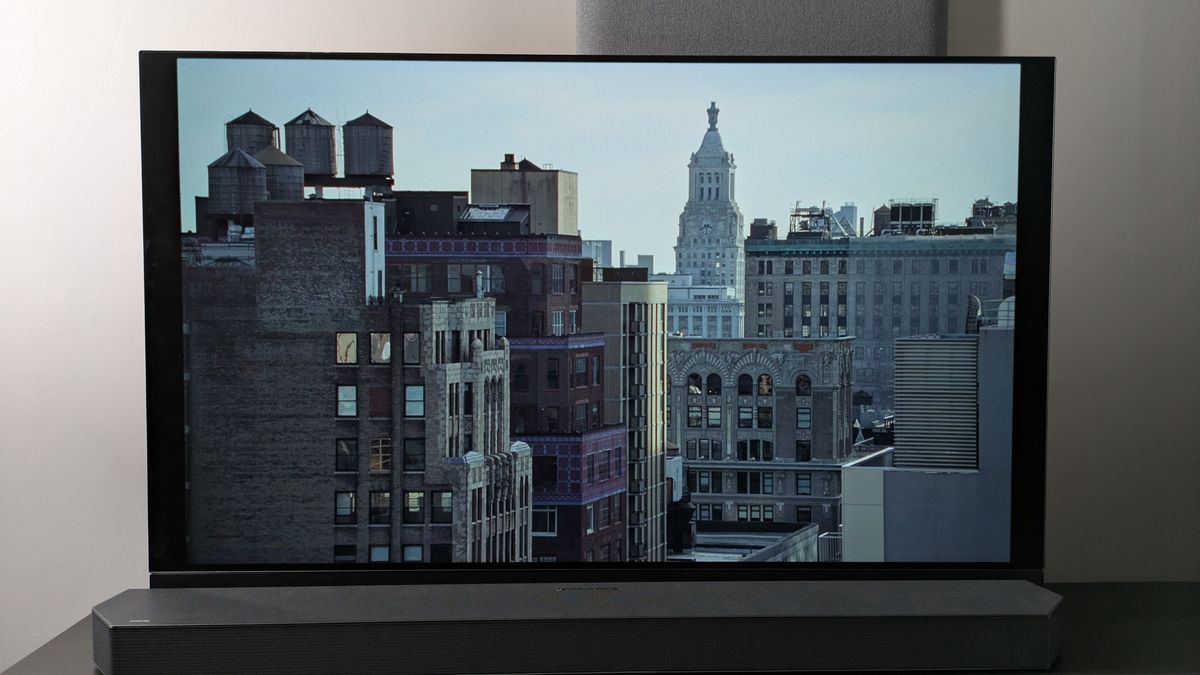 Panasonic OLED showing New York City skyline and buildings from The Brutalist 4K Blu-ray