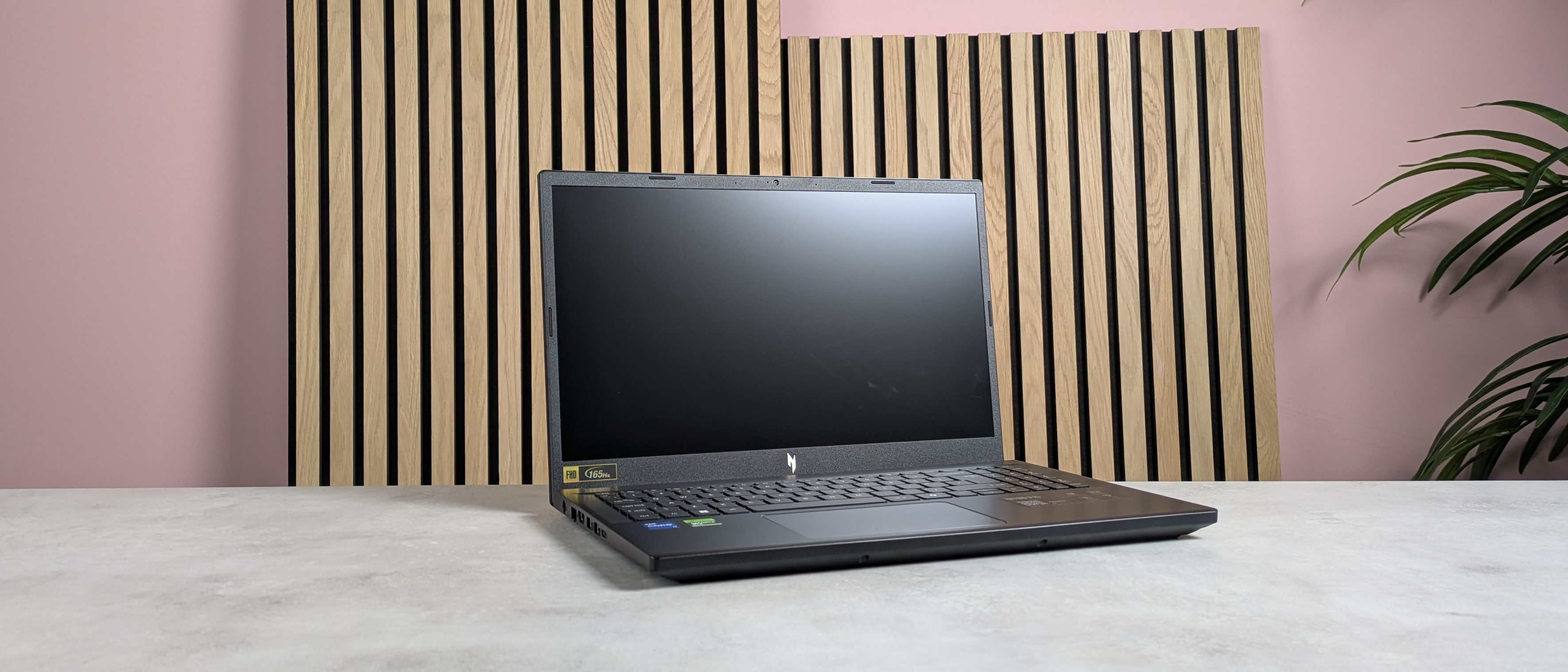 Acer Nitro V 15 open on desk with wooden panels, plant, and pink wall in background