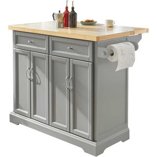 Grey kitchen island with wooden worktop and kitchen roll holder