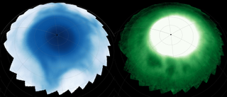 Montage of JWST images from Nov. 2024 showing Saturn's strange upper-atmosphere features: dark, bead-like patches embedded in auroral halos (right) and a lopsided star-shaped pattern extending from the pole (left).