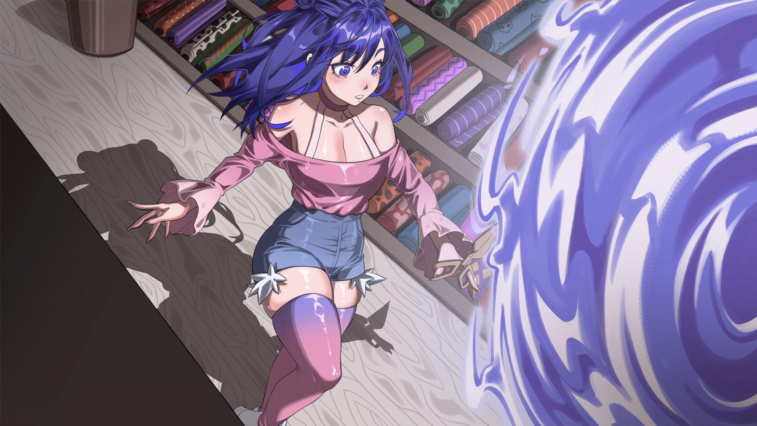 A young woman surrounded by bookshelves faces a purple magical portal