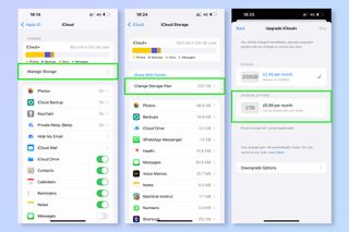 Screenshots showing how to increase iCloud storage