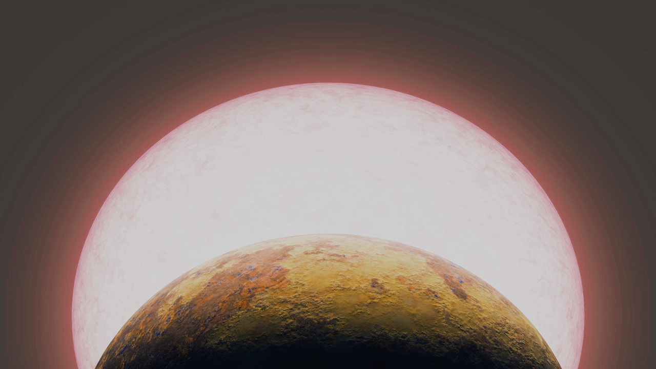 yellow-brown planet in front of star