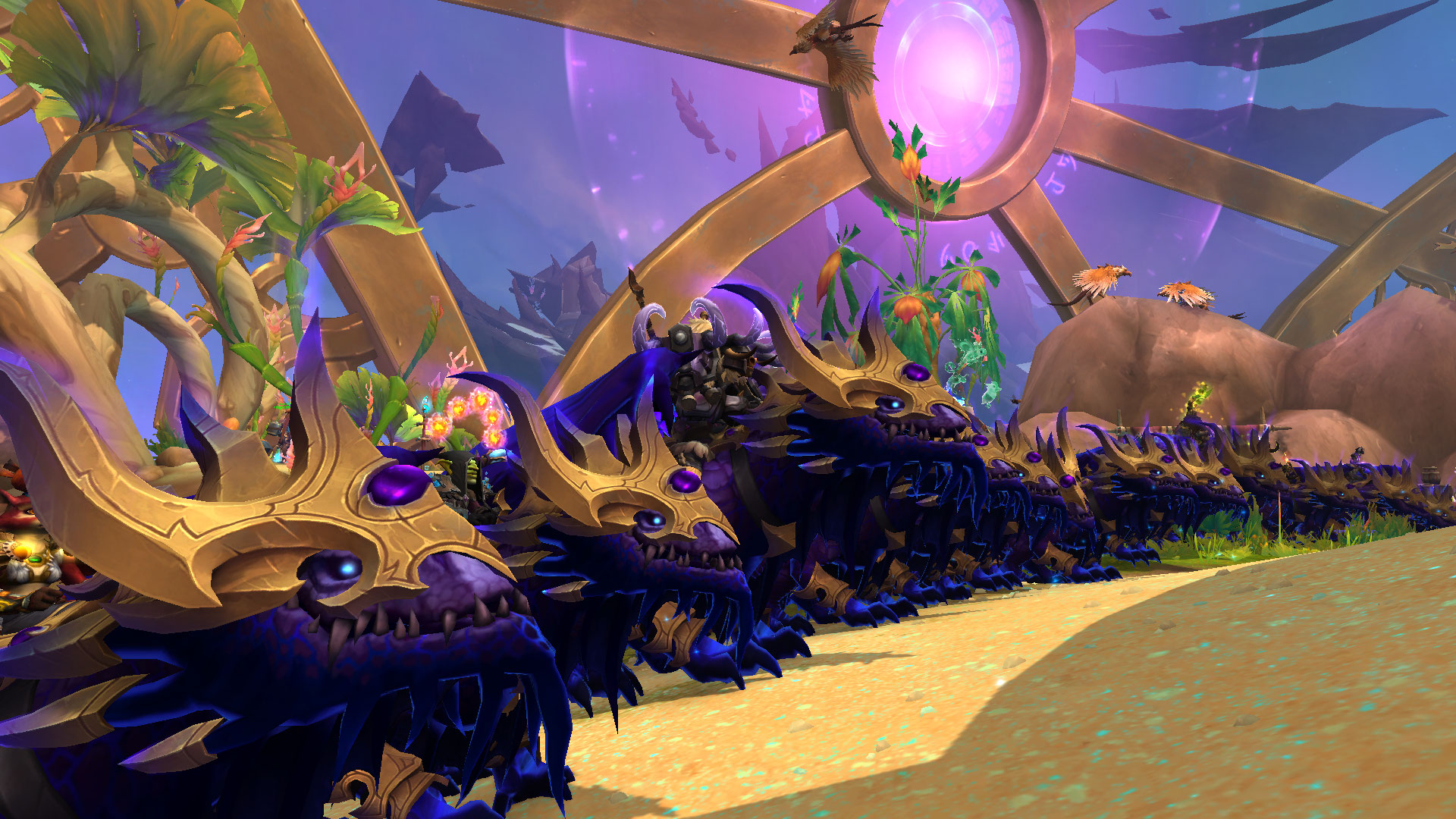 Screenshot of all my Tree of Hope guild mates riding the Royal Voidwing mount in World of Warcraft: The War Within.