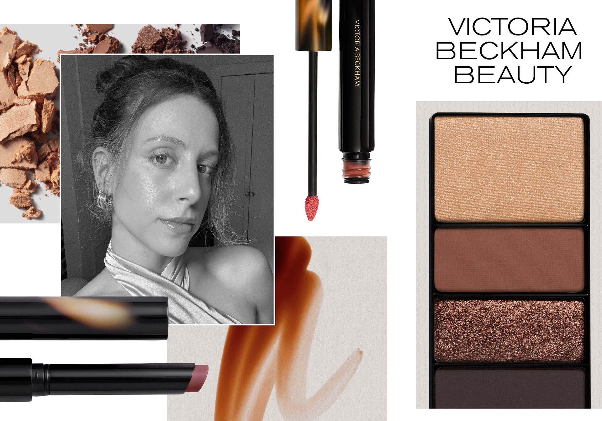 collage of beauty products and editor headshots