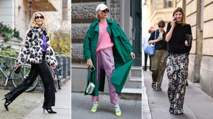 Street style shots of woman wearing statement trousers
