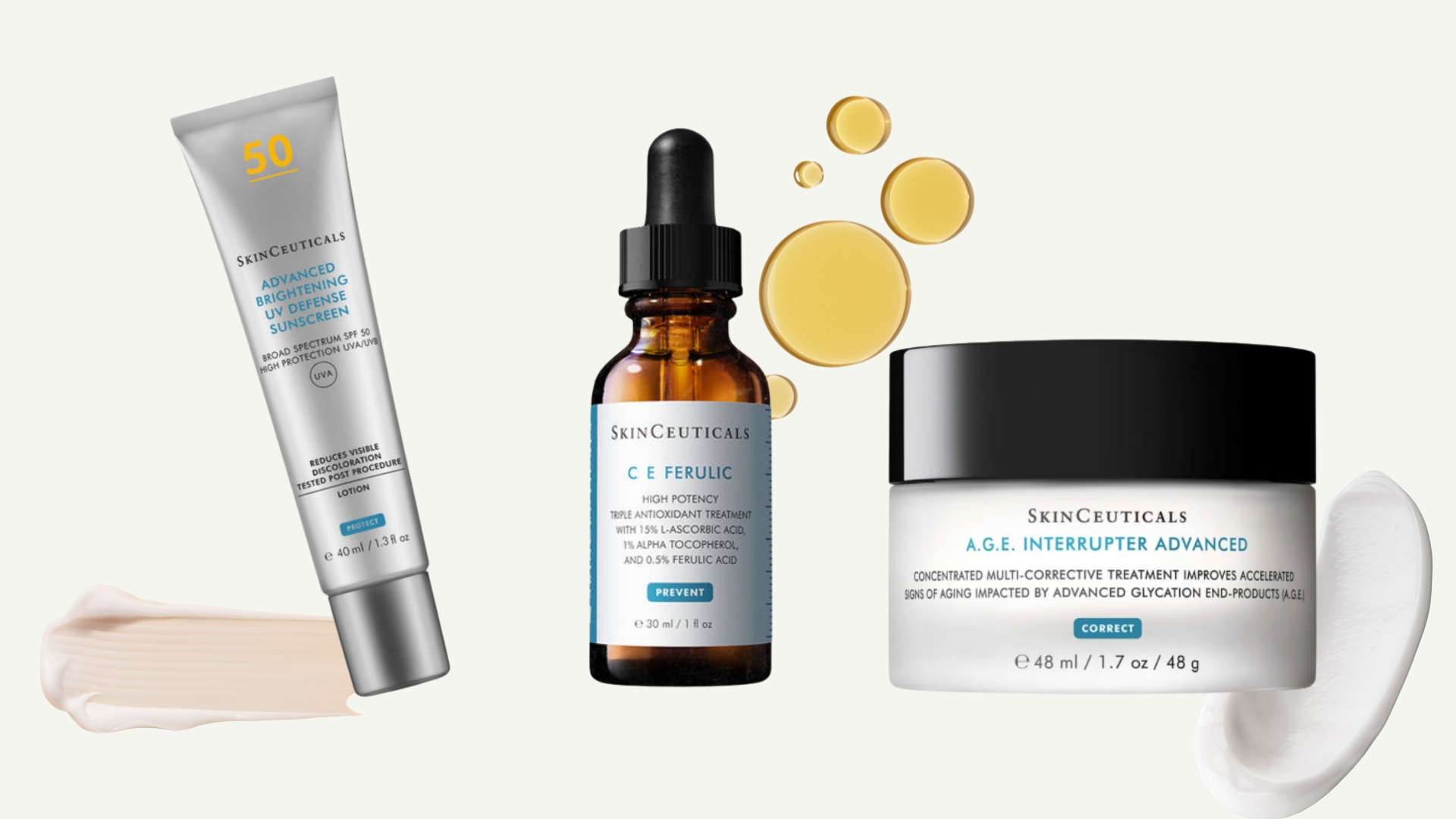 A collage of SkinCeuticals skincare, including the Advanced Brightening UV Defense SPF 50 , the C E Ferulic serum and SkinCeuticals A.G.E. Interrupter Advanced Cream/ on a cream template with moisturiser and oil swatches and streeks