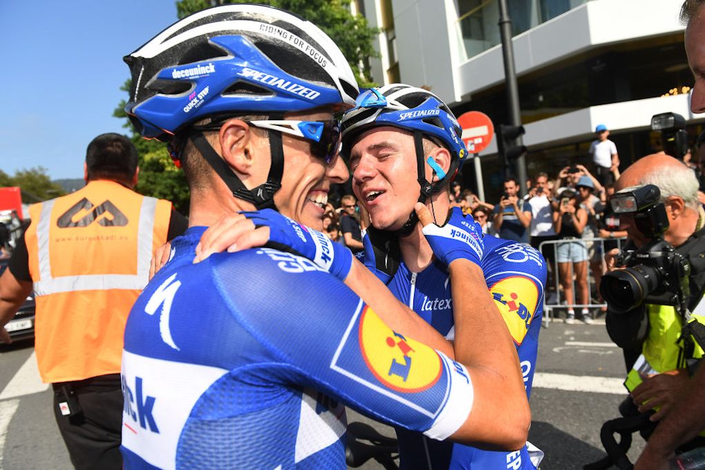 Remco Evenepoel celebrates winning San Sebastian