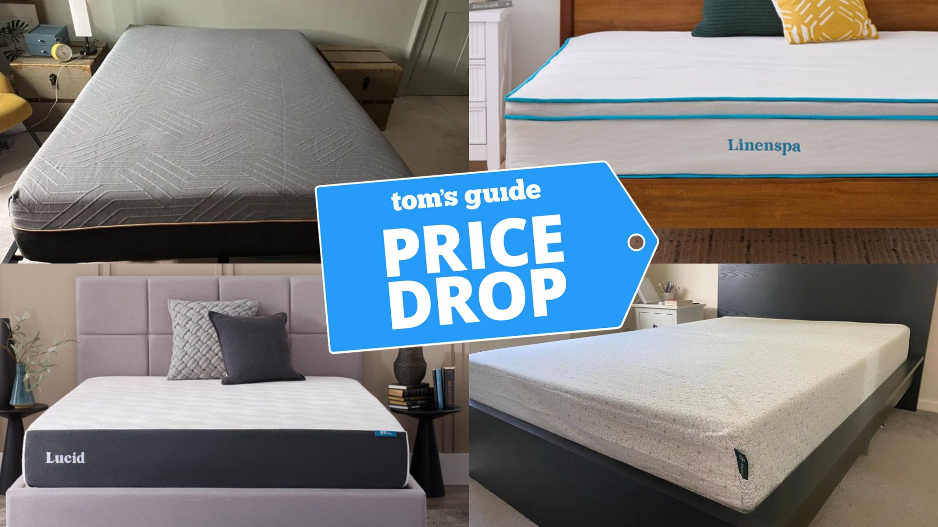 A collage of four cheap mattresses (clockwise from top left): EGOHOME Black 12&quot; Mattress, Linenspa Hybrid Mattress, Zinus Green Tea Memory Foam Mattress, and the Lucid Memory Foam Mattress. A blue price drop deals badge id in the center foreground. 