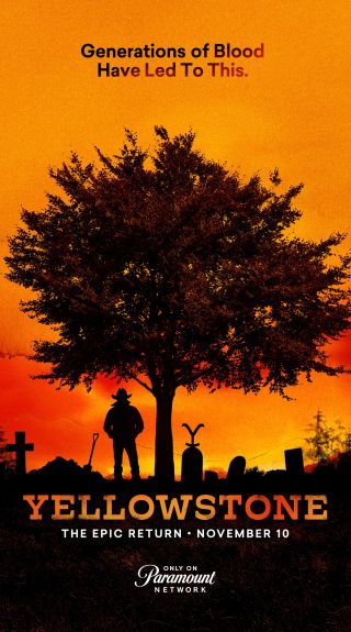 The key art for Yellowstone Season 5B. A orange background with a big tree and a graveyard. One man is standing in the graveyard.