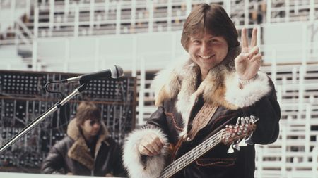 Greg Lake (1947 - 2016) of Emerson, Lake and Palmer during rehearsals for the band's 'Works' tour, at the Olympic Stadium, Montreal, Canada, February 1977