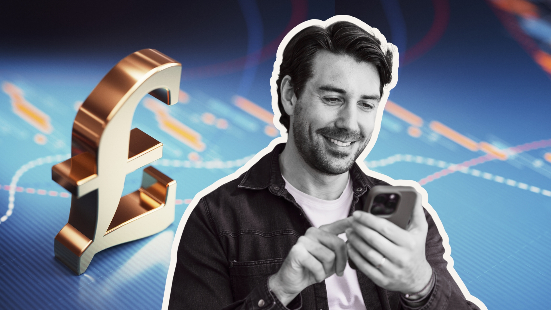 ISA basics guide: Man with phone and pound sign in the background with stock market indicators money