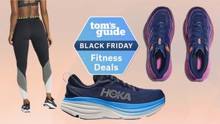 a photo of Hoka shoes and leggings with a Tom's Guide Black Friday fitness deals sticker in the middle