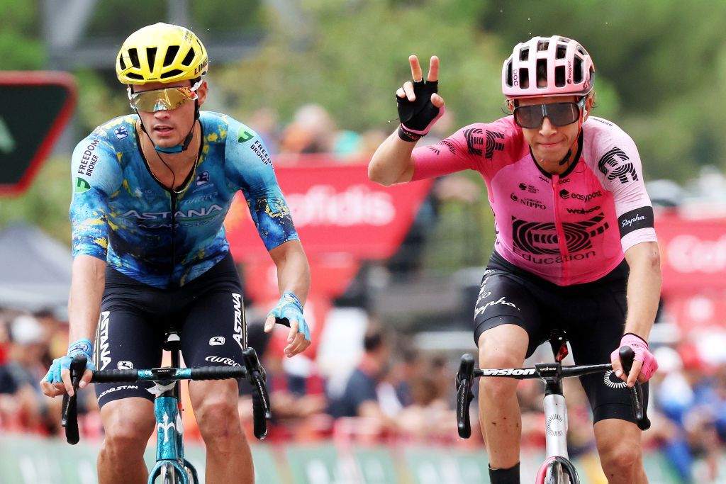 BARCELONA SPAIN AUGUST 27 LR Javier Romo Oliver of Spain and Astana Qazaqstan Team and Andrea Piccolo of Italy and Team EF EducationEasyPost cross the finish line during the 78th Tour of Spain 2023 Stage 2 a 1818km stage from Matar to Barcelona UCIWT on August 27 2023 in Barcelona Spain Photo by Alexander HassensteinGetty Images