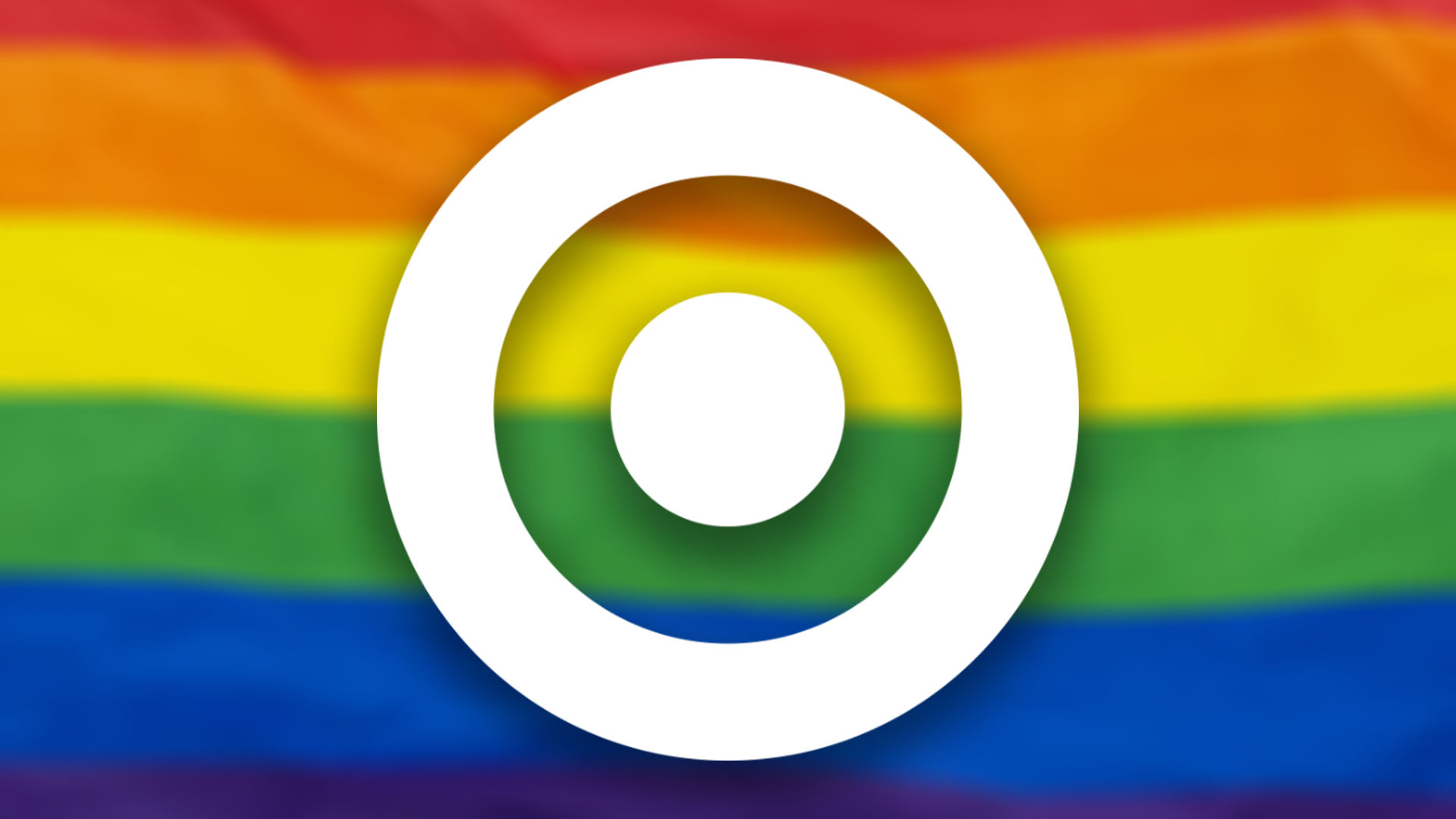 White target logo on a rainbow Pride flag background