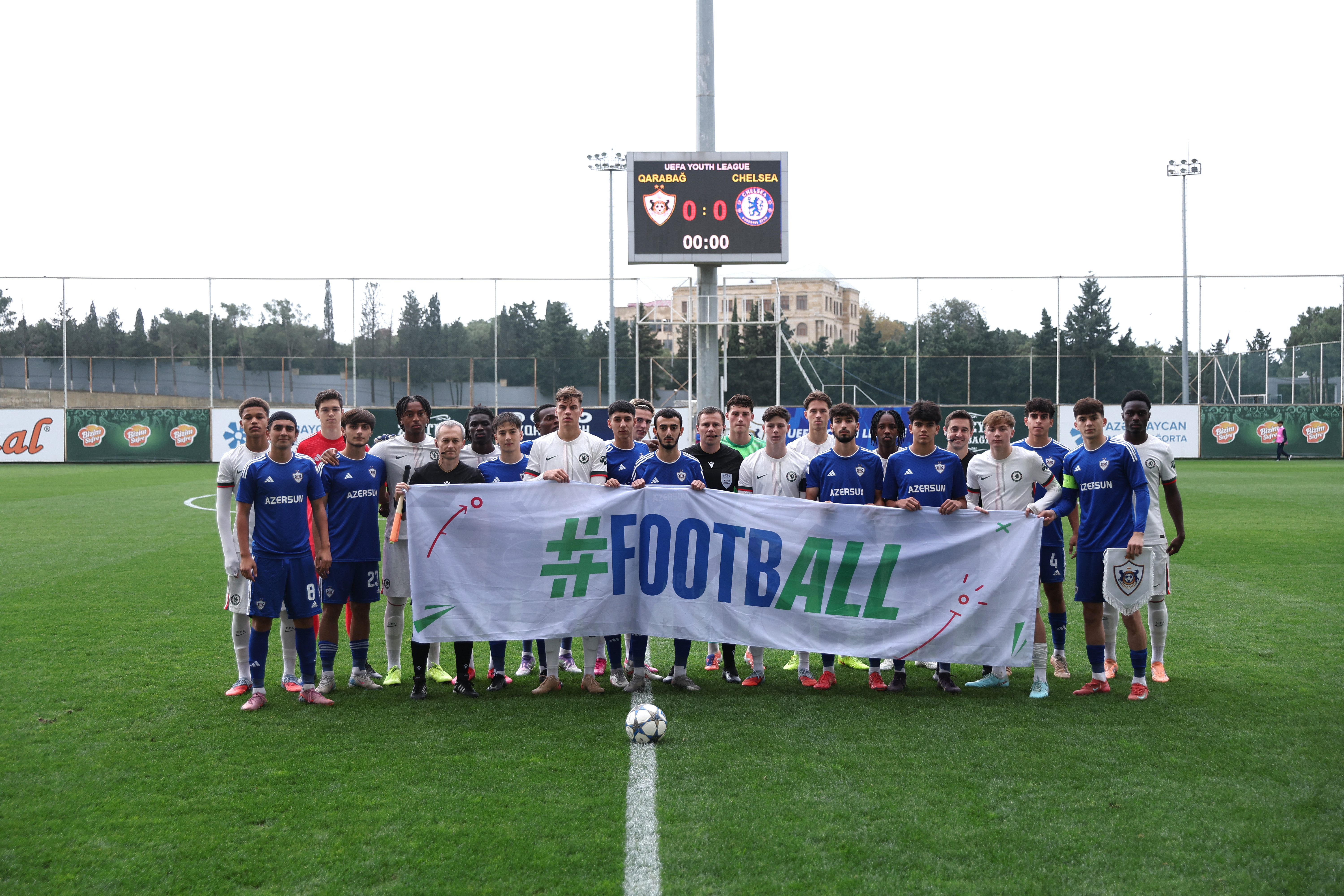 BAKU, AZERBAIJAN - NOVEMBER 05: Both teams pose for a photo with the UEFA Football for All banner during the UEFA Youth League 2025/26 match between Qarabag FK and Chelsea FC at on November 05, 2025 in Baku, Azerbaijan. (Photo by Chris Lee - Chelsea FC/Chelsea FC via Getty Images)
