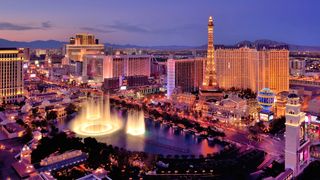 City skyline at night with Bellagio Hotel water fountains, Las Vegas, Nevada