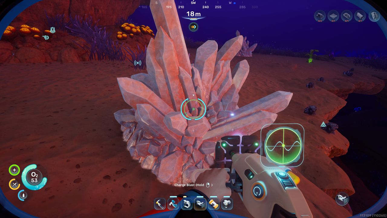 Subnautica 2 quartz: A player looking at a large quartz crystal on the seabed.